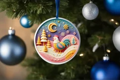 Colorful Winter Scene Chicken Round Sticker Ornament Product Image 4