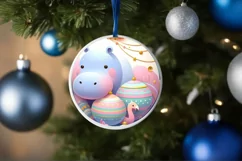 Colorful Christmass Scene Hippo Round Sticker Ornament Product Image 1