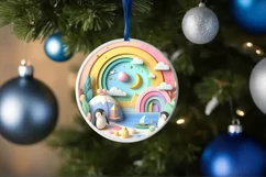 Colorful Christmass Scene Penguin Round Sticker Ornament Product Image 4
