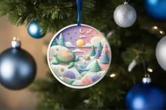 Colorful Winter Scene Turtle Round Sticker Ornament Product Image 1