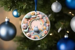 Colorful Winter Scene Hippo Round Sticker Ornament Product Image 4