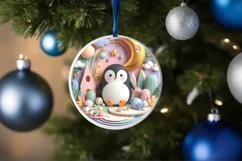 Colorful Winter Scene Penguin Round Sticker Ornament Product Image 1