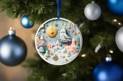 Colorful Owl Christmas Scene Round Ornament Sublimation PNG Product Image 1