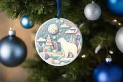 Colorful Polar Bear Winter Scene Round Ornament Sublimation Product Image 4