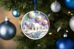Colorful Polar Bear Winter Scene Round Ornament Sublimation Product Image 4