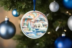 Colorful Polar Bear Winter Scene Round Ornament Sublimation Product Image 1