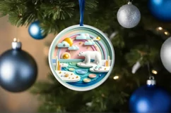 Colorful Polar Bear Winter Scene Round Ornament Sublimation Product Image 4