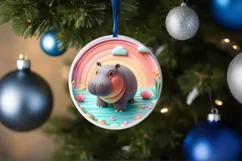 Colorful Hippo Winter Scene Round Ornament Sublimation PNG Product Image 4