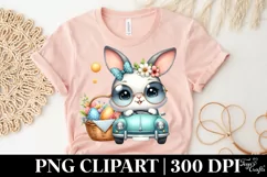 Easter Bunny Driving a Green Car Egg Flower Sun , Clipart Product Image 5