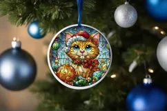 Stained Glass Christmas Cat Round Ornament Sublimation Product Image 4