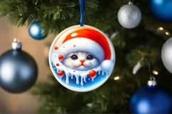 Winter Kitten Portrait Santa Hat Round Ornament Sublimation Product Image 1