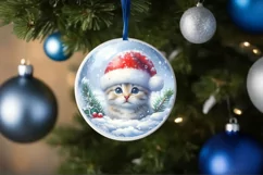 Winter Kitten Portrait Santa Hat Round Ornament Sublimation Product Image 1
