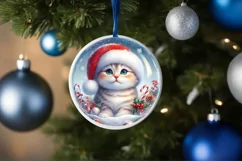 Winter Kitten Portrait Santa Hat Round Ornament Sublimation Product Image 1