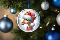 Colorful Winter Giraffe Portrait Santa Hat Round Ornament Product Image 1