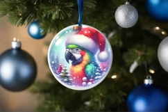 Colorful Winter Parrot Portrait Santa Hat Round Ornament Product Image 4