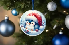 Penguin Santa Hat 3D Round Pastel Watercolor Sublimation PNG Product Image 4