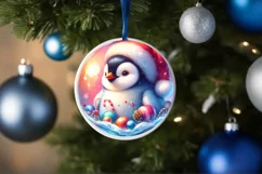 Penguin Santa Hat 3D Round Pastel Watercolor Sublimation PNG Product Image 4
