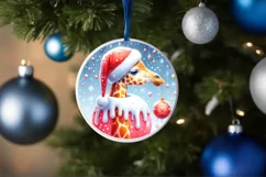 Watercolor Winter Scene Giraffe Santa Hat Ornament PNG Product Image 4