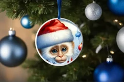 Watercolor Winter Scene Monkey Santa Hat Ornament PNG Product Image 4