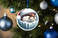 Watercolor Winter Scene Otter Santa Hat Ornament PNG Product Image 4