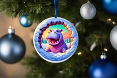 Snow Hippo Smiling Through Hole Round Ornament PNG Product Image 4
