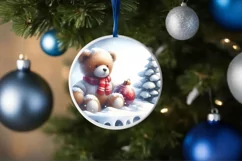 Winter Scene with Teddy Bear Round Sticker Ornament Product Image 1