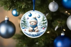 Winter Scene with Teddy Bear Round Sticker Ornament Product Image 1