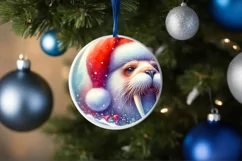 3D Walrus Portrait with Santa Hat Round Ornament Sublimation Product Image 1