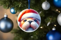 3D Walrus Portrait with Santa Hat Round Ornament Sublimation Product Image 4