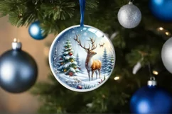 Winter Scene with Reindeer Round Ornament Sublimation PNG Product Image 1