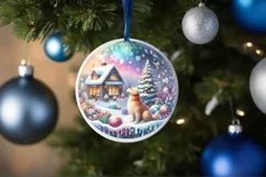 Winter Scene with Cow and Dog Round Ornament Sublimation PNG Product Image 4
