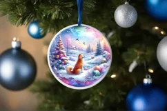Winter Scene with Cow and Dog Round Ornament Sublimation PNG Product Image 1