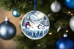 Santa Penguins Winter 3D Round Ornament PNG Product Image 1