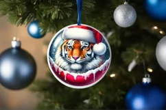 Winter Tiger with Santa Hat Round Ornament Sublimation PNG Product Image 4