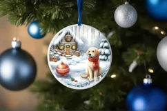 3D Winter Scene with Dog Round Ornament Sublimation PNG Product Image 1