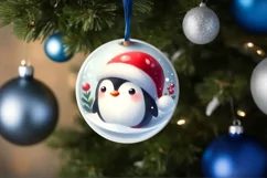 3D Penguin Portrait with Santa Hat Round Christmas Ornament Product Image 1