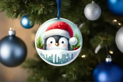 Winter Scene Penguin Portrait with Santa Hat Round Ornament Product Image 4