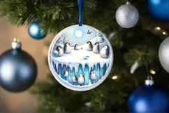 Winter Scene with Penguins Round Ornament Sublimation PNG Product Image 1