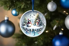 Winter Scene with Penguins Christmas Ornament Sublimation Product Image 1