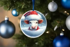 Winter Cow Portrait with Santa Hat Round Ornament Product Image 4