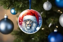 Winter Lion Portrait with Santa Hat Round Ornament Product Image 1