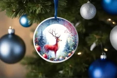 Watercolor Deer Christmas Round Ornament Sublimation PNG Product Image 4