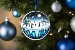 Watercolor 3D Looking Penguins Round Christmas Ornament Product Image 1