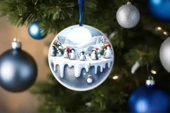 Watercolor 3D Looking Penguins Round Christmas Ornament Product Image 4