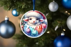 Colorful Watercolor Christmas Lamb Round Ornament PNG Product Image 4