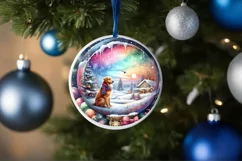 Colorful Winter Scene with Dog Round Sticker Product Image 1