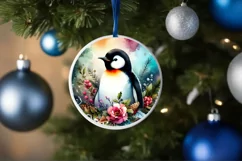Colorfull Watercolor Penguin Winter Christmas Round Ornament Product Image 4