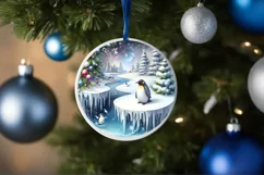 Watercolor 3D Looking Penguins Round Christmas Ornament Product Image 4