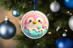 Pastel Penguin Christmas Round Ornament Sublimation PNG Product Image 1