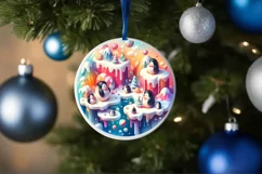 Colorful Penguins Winter Scene Round Ornament Sublimation Product Image 1